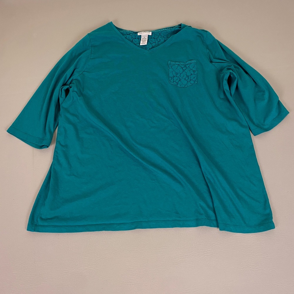 Catherines  T-Shirt Women's 1X Teal V-Neck 3/4 Sleeve‎ Lace Back Pocket *Flaw*